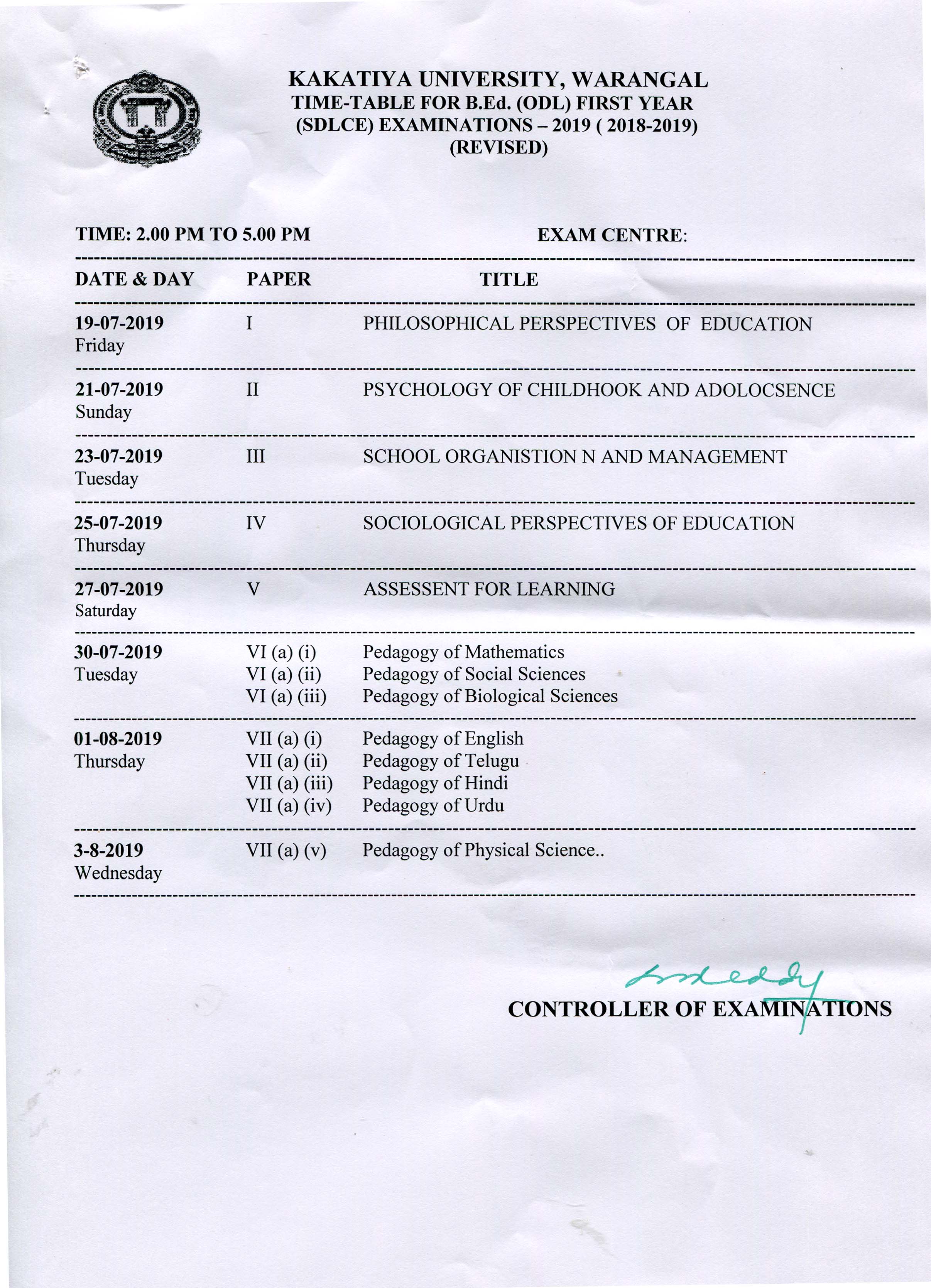 KU SDLCE Time Table 2024 Kakatiya University Degree Exam Date